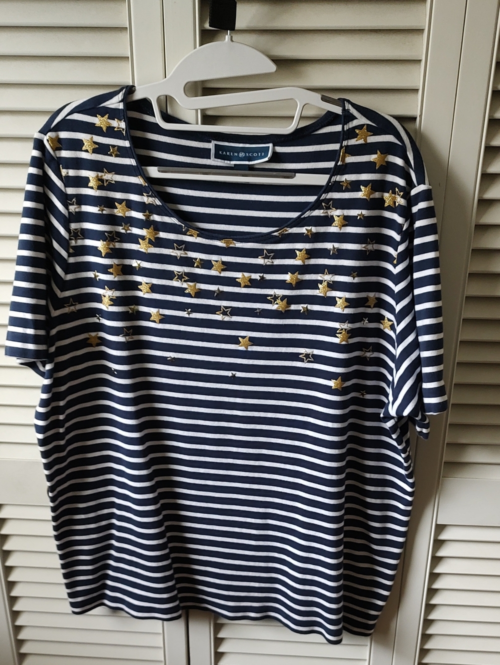 Karen Scott Navy & White Striped Short Sleeve Tee with Gold Star Detail